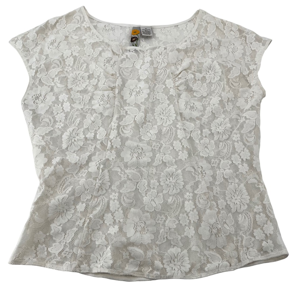 Mimi Chica Womens Ivory Floral Lace Cap Sleeve‎ Sheer Top THR119 Medium